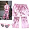 imagePerfashion Girls Shiny Metallic Flared Pants Festival Dance Pants Disco with Sunglasses Wide Leg Trousers 615 YearsPink360