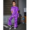 imagePerfashion Girls Shiny Metallic Flared Pants Festival Dance Pants Disco with Sunglasses Wide Leg Trousers 615 YearsPurple360