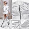 imagePerfashion Metallic Bomber Jacket for Girls Zip Up Cropped Jacket Sparkly Lightweight Coat Windbreaker with PocketsSilver453