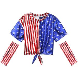 imagePerfashion Girls Metallic Shirts Shiny Tie Front Knot Crop Top with Arm Sleeves for Dancing Raves Festivals 415 Years4th of July258