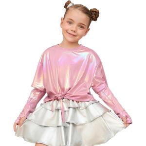 imagePerfashion Girls Metallic Shirts Shiny Tie Front Knot Crop Top with Arm Sleeves for Dancing Raves Festivals 415 YearsDirty Pink15258