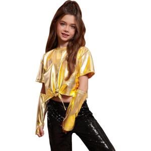imagePerfashion Girls Metallic Shirts Shiny Tie Front Knot Crop Top with Arm Sleeves for Dancing Raves Festivals 415 YearsGold258