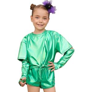 imagePerfashion Girls Metallic Shirts Shiny Tie Front Knot Crop Top with Arm Sleeves for Dancing Raves Festivals 415 YearsGreen9258
