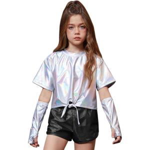 imagePerfashion Girls Metallic Shirts Shiny Tie Front Knot Crop Top with Arm Sleeves for Dancing Raves Festivals 415 YearsLaser Silver258