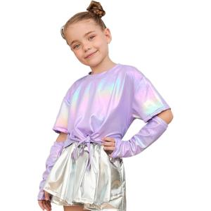 imagePerfashion Girls Metallic Shirts Shiny Tie Front Knot Crop Top with Arm Sleeves for Dancing Raves Festivals 415 YearsLight Purple25258