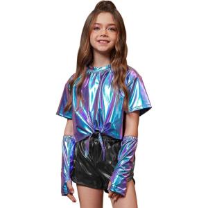 imagePerfashion Girls Metallic Shirts Shiny Tie Front Knot Crop Top with Arm Sleeves for Dancing Raves Festivals 415 YearsMagic ColorpurpleCyan 258