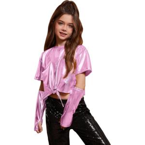 imagePerfashion Girls Metallic Shirts Shiny Tie Front Knot Crop Top with Arm Sleeves for Dancing Raves Festivals 415 YearsPink258