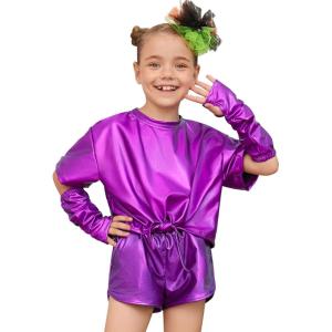 imagePerfashion Girls Metallic Shirts Shiny Tie Front Knot Crop Top with Arm Sleeves for Dancing Raves Festivals 415 YearsPurple14258