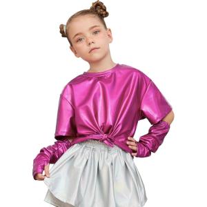 imagePerfashion Girls Metallic Shirts Shiny Tie Front Knot Crop Top with Arm Sleeves for Dancing Raves Festivals 415 YearsRosen8258