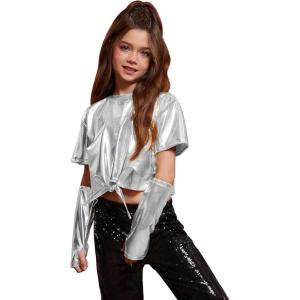imagePerfashion Girls Metallic Shirts Shiny Tie Front Knot Crop Top with Arm Sleeves for Dancing Raves Festivals 415 YearsSilver258