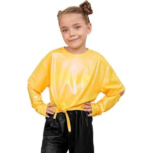 imagePerfashion Girls Metallic Shirts Shiny Tie Front Knot Crop Top with Arm Sleeves for Dancing Raves Festivals 415 YearsYellow9258