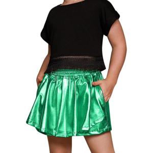 imagePerfashion Girls Metallic Skorts Sparkly Shorts Shiny Dance Skirt with Pockets 413 YearsGreen754