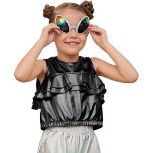 imagePerfashion Girls Metallic Tank Tops Shiny Ruffle Layered Crop Tops Dance Shirts with Alien Glasses 415 YearsBlack452
