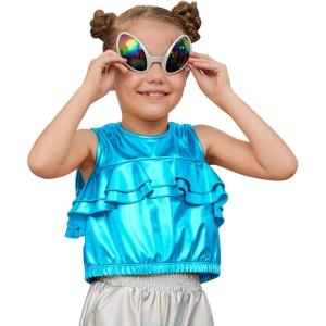 imagePerfashion Girls Metallic Tank Tops Shiny Ruffle Layered Crop Tops Dance Shirts with Alien Glasses 415 YearsBlue452