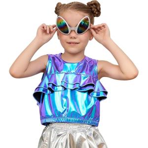 imagePerfashion Girls Metallic Tank Tops Shiny Ruffle Layered Crop Tops Dance Shirts with Alien Glasses 415 YearsBluepurple452