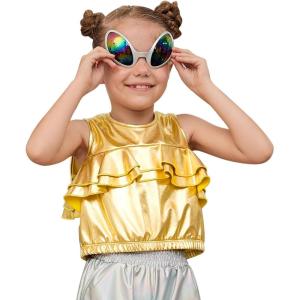 imagePerfashion Girls Metallic Tank Tops Shiny Ruffle Layered Crop Tops Dance Shirts with Alien Glasses 415 YearsGold452