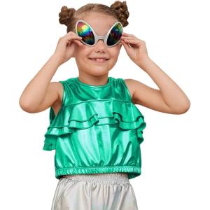 imagePerfashion Girls Metallic Tank Tops Shiny Ruffle Layered Crop Tops Dance Shirts with Alien Glasses 415 YearsGreen452