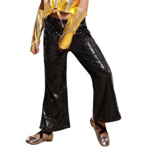imagePerfashion Girls Sequin Bell Bottom Pants Disco Sparkly Flare Pants Kids Dance Trousers with Pockets 615YBlack252