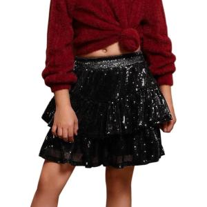 imagePerfashion Girls Sequin Skirt Sparkly 2 Layer Ruffle ALine Skirt VWaisted Dance Party Skirt 413YBlack253
