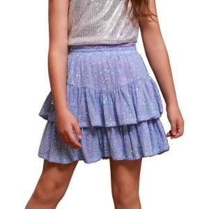 imagePerfashion Girls Sequin Skirt Sparkly 2 Layer Ruffle ALine Skirt VWaisted Dance Party Skirt 413YPurple253
