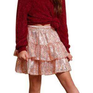 imagePerfashion Girls Sequin Skirt Sparkly 2 Layer Ruffle ALine Skirt VWaisted Dance Party Skirt 413YRosen253