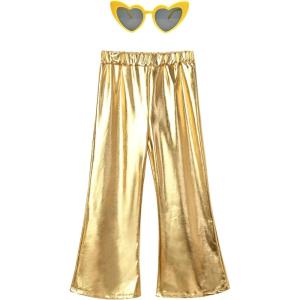 imagePerfashion Girls Shiny Metallic Flared Pants Festival Dance Pants Disco with Sunglasses Wide Leg Trousers 615 YearsGold360