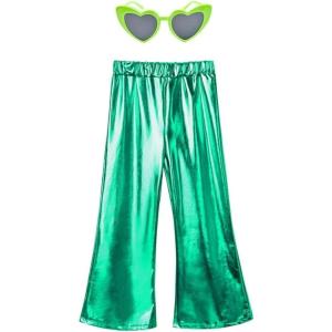 imagePerfashion Girls Shiny Metallic Flared Pants Festival Dance Pants Disco with Sunglasses Wide Leg Trousers 615 YearsGreen360