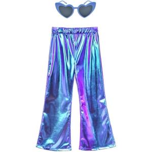 imagePerfashion Girls Shiny Metallic Flared Pants Festival Dance Pants Disco with Sunglasses Wide Leg Trousers 615 YearsLaser Mermaid360