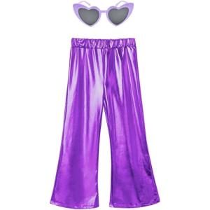 imagePerfashion Girls Shiny Metallic Flared Pants Festival Dance Pants Disco with Sunglasses Wide Leg Trousers 615 YearsPurple360