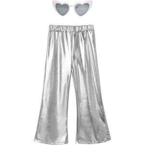 imagePerfashion Girls Shiny Metallic Flared Pants Festival Dance Pants Disco with Sunglasses Wide Leg Trousers 615 YearsSilver360