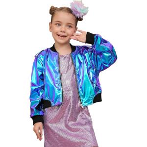 imagePerfashion Metallic Bomber Jacket for Girls Zip Up Cropped Jacket Sparkly Lightweight Coat Windbreaker with PocketsBlue453