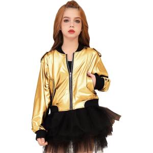 imagePerfashion Metallic Bomber Jacket for Girls Zip Up Cropped Jacket Sparkly Lightweight Coat Windbreaker with PocketsGold453