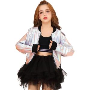 imagePerfashion Metallic Bomber Jacket for Girls Zip Up Cropped Jacket Sparkly Lightweight Coat Windbreaker with PocketsLaser Silver453