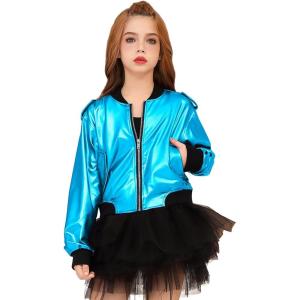 imagePerfashion Metallic Bomber Jacket for Girls Zip Up Cropped Jacket Sparkly Lightweight Coat Windbreaker with PocketsLight Blue453