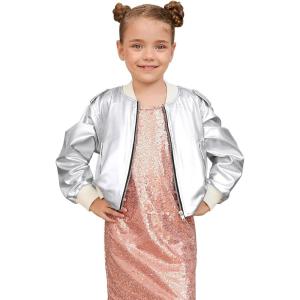 imagePerfashion Metallic Bomber Jacket for Girls Zip Up Cropped Jacket Sparkly Lightweight Coat Windbreaker with PocketsSilver453