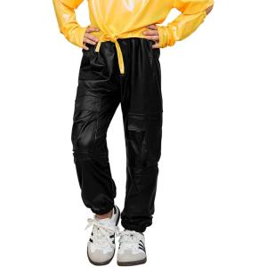 imagePerfashion Metallic Cargo Pants for Girls ampamp Womens Hip Hop Dance MultiPocket Joggers High Waist Pants 615YBlack352
