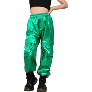 imagePerfashion Metallic Cargo Pants for Girls ampamp Womens Hip Hop Dance MultiPocket Joggers High Waist Pants 615YGreen352