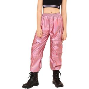 imagePerfashion Metallic Cargo Pants for Girls ampamp Womens Hip Hop Dance MultiPocket Joggers High Waist Pants 615YLaser Pink 352