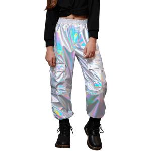 imagePerfashion Metallic Cargo Pants for Girls ampamp Womens Hip Hop Dance MultiPocket Joggers High Waist Pants 615YLaser Silver352