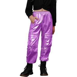 imagePerfashion Metallic Cargo Pants for Girls ampamp Womens Hip Hop Dance MultiPocket Joggers High Waist Pants 615YMedium Purple 352