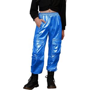 imagePerfashion Metallic Cargo Pants for Girls ampamp Womens Hip Hop Dance MultiPocket Joggers High Waist Pants 615YMineral Blue 352