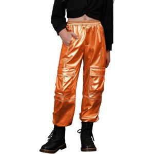 imagePerfashion Metallic Cargo Pants for Girls ampamp Womens Hip Hop Dance MultiPocket Joggers High Waist Pants 615YOrange 18352