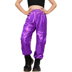 imagePerfashion Metallic Cargo Pants for Girls ampamp Womens Hip Hop Dance MultiPocket Joggers High Waist Pants 615YPurple352