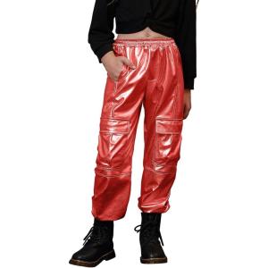 imagePerfashion Metallic Cargo Pants for Girls ampamp Womens Hip Hop Dance MultiPocket Joggers High Waist Pants 615YRed 352