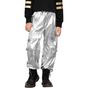 imagePerfashion Metallic Cargo Pants for Girls ampamp Womens Hip Hop Dance MultiPocket Joggers High Waist Pants 615YSilver352
