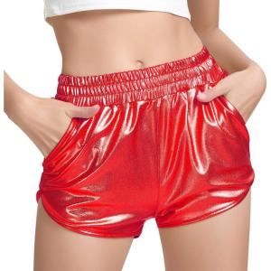 imagePerfashion Womens Metallic Shiny Shorts Sparkly Hot Yoga OutfitRed