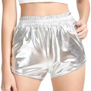 imagePerfashion Womens Metallic Shiny Shorts Sparkly Hot Yoga OutfitSilver