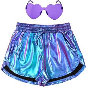 imagePerfashion Womens Metallic Shorts Summer Sparkly Hot Outfit Shiny Short PantsIllusion Purple