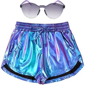 imagePerfashion Womens Metallic Shorts Summer Sparkly Hot Outfit Shiny Short PantsMagic ColorpurpleCyan
