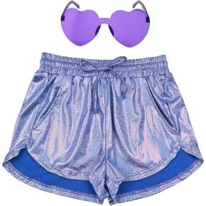 imagePerfashion Womens Metallic Shorts Summer Sparkly Hot Outfit Shiny Short PantsPoint Purple Blue 18
